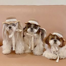 Dog Apparel Cat pet dogs hats small dog teddy bear sunscreen sun hat pastoral style decoration photo headwear