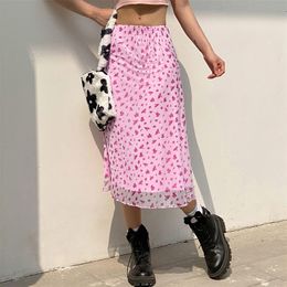 Grunge Fairycore Midi Skirt Pink Floral Print Mesh Skirt Women Soft Girl Aesthetic Y2K Outfit 220611