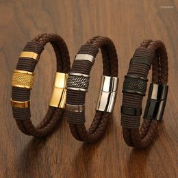 Charm Bracelets Fashion Multilayer Brown Leather Men's Bracelet With Stainless Steel Magnetic Buckle Jewelry Bangles WholesaleCharm Inte
