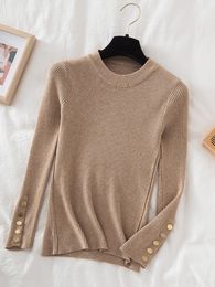 women thick sweater pullovers khaki casual autumn winter button oneck chic sweater female slim knit top soft jumper tops L220815