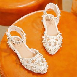 Children Girls Baotou Sandals Fashion Low Heel Princess Roman Shoes Spring Summer Hollow Out PU Leather Pearl Kids Shoes