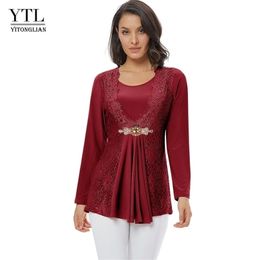 YTL Plus Size Women Blouse Elegant Diamond Lace Tunic Top Casual Vintage Tops Long Sleeve Shirt Red Black XXL XXXL 4XL 8XL H025 210326