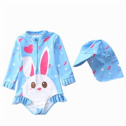 1~7Y Toddler Baby Girls Swimming suit Long sleeves Rash Guards Children Surfing Suits Kids Beach wear with Cap-SW436 220426