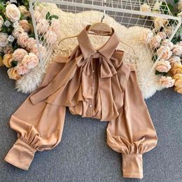 Spring Autumn Blouse Women Halter Scheming Halter Shirt Bowknot Lapel Puff Sleeve Female Top C031 210326