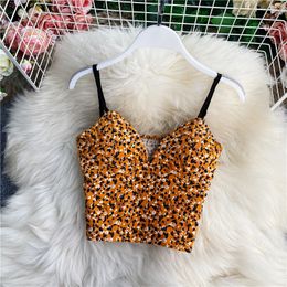 New fashion design womens summer spaghetti strap flowers print padded bustier short high waist crop top vest tank camisole