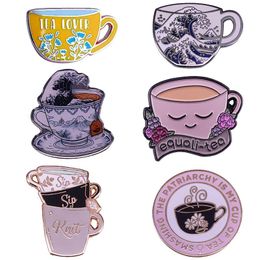 Pins Brooches Cute Coffee N Tea Cup Enamel Pin Great Wave Equal-tea Brooch Sip It Badge AccessoryPins