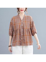 Women's Blouses & Shirts Summer Women Retro Style Cotton Linen Plaid Shirt Female Casual V-neck Loose Tops Clothes M216Women's