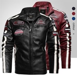 Mens Vintage Motorcycle Jacket Men Fashion Biker Leather Jacket Male Embroidery Bomber Coat Winter Fleece Pu Overcoat 201127