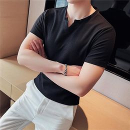 Men's T-Shirts Summer Waffle Mens White Elegant Stylish Clothing Retro Gentleman Knitted Blouse British Style Tops BlackMen's