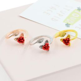Red Rose Garden Flower Leaves Resizable Gold Finger Ring For Women Jewellery Open Rings Wedding Engagement Gift