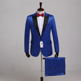 men in black tux Australia - Men's Suits & Blazers Royal Blue Satin Men Wedding Suit For Man Blazer Jacket Pants Black Peaked Lapel Custom Made 2Piece Slim Fit Groom Tux
