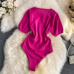 Tight-fitting Sexy V-neck Solid Color Knitted Jumpsuit for Women Slim and Thin All-match Western-style Bottoming Coat Women 210709