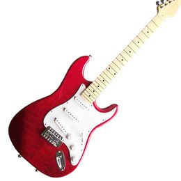 Red Basswood Electric Guitar 6 Strings with Maple Fretboard,Quilted Maple Veneer,Customizable