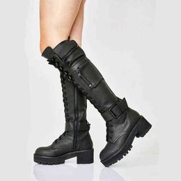 BootsBrand Design Pocket Knee High Boots Chunky Heels Platform Combat Knight Boots Shoes For Women 2022 Side Zipper Punk Goth Boots G220813