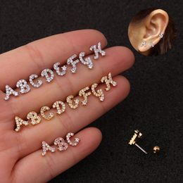 Stud English Alphabet Micro-Inlaid Zircon Screw Earrings Female Stainless Steel Ear Bone Studs Silver/Yellow/Rose GoldStud