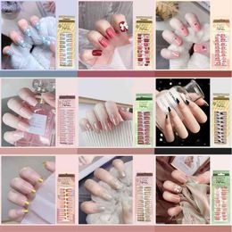 False Nails 24pc Nail Art Fake with Jelly Glue Tips Clear Press on Coffin Stick Display Full Cover Artificial Designs Detachable 0616