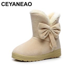 CEYANEAO new winter womens boots plain soft cute womens shoes without a buckle with a bow winter shoes with flat soles 201031