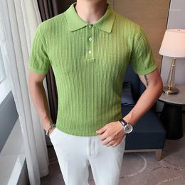 Summer Knitted Shirts Men Solid Colour Ice Silk Short Sleeve Hombre Casual Slim Lapel Tee Tops Formal Social Clothes Men's Polos