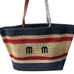 Summer Woven Tote Bag Straw Wicker Bags Handbag Purses Women Colour Stripes Crochet Hollow Out Letter Shoulder Totes Beach Travel Wallet Large Capacity 34cm