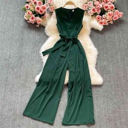 Summer Style Light Mature Temperament V-neck Lace-up Waist Slimming Jumpsuit Temperament Wide-leg Pants 210709