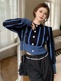 Women's Knits & Tees Women's Colorblock Striped Sweater Long Sleeve Knit Jacket Fall Fashion Button Cropped Puff Casual Blue Harajuku Ju