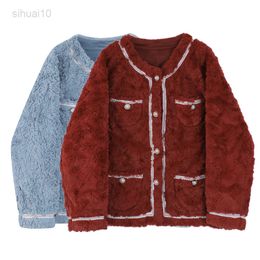 Lamb Wool Coat Women Christmas New Red Wild Round Neck Plus Velvet Loose Blue Vest Female Warm Cotton Coat Long Sleeves Top L220725