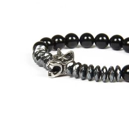 New Men Silver Bracelet Bangles Wholesale Stainless Steel Wolf Bracelets With 8mm Stone Beads Beaded Jewellery