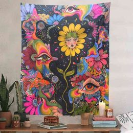 Psychedelic Flower Carpet Wall Hanging Botanical Celestial Floral Tapestry Hippie Eye Carpets Boho Decor Dorm Mural J220804