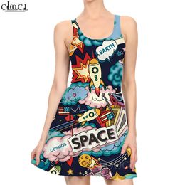 Women Dress Cartoon Astronaut 3D Graphics Printed Summer Female Sexy Dress Fashion Sleeveless Pleated Beach Dresses W220616