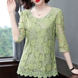 Women Spring Summer Style Lace Blouses Shirts Lady Casual Half Sleeve Flower Printed Lace Blusas Tops ZZ0333 210308