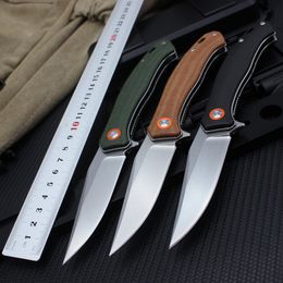 1Pcs R7104 Flipper Folding Knife D2 Stone Wash Drop Point Blade Flax Fiber with Stainless Steel Sheet Handle Ball Bearing Fast Open EDC Folder Knives 3 Handle Colors