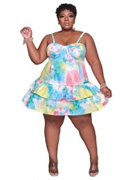 Plus Size Dresses Camisole Women Cascading Ruffle Tie Dye Print Ropa Mujer Summer Sexy Spaghetti Strap Big Short DressPlus