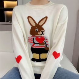 Autumn and winter womens cashmere sweater womens loose Pullover fashionable embroidered Mr rabbit sweater womens round 220817