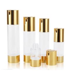 15/30/50ml Gold Empty Clear Frosted Airless Pump Bottles Travel Lotion Pump Containers Airless Lotion Dispenser