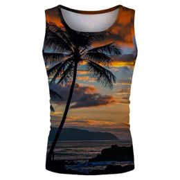 Men's Tank Tops Bodybuilding Coconut Tree Print Men Vest Compression Shirt Male Singlet Tees Summer Sleeveles Fitness Beach MaleMen's