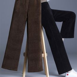 OUMENGKA Casual High Waist Corduroy Pant Autumn Winter Thick Ladies Long Trousers Elastic Female Wide Leg 4XL 220325