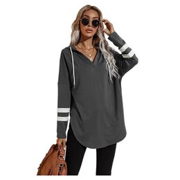 Women's T-Shirt Autumn And Winter Fashion Casual Daily Wear Mid-length Thin Loose Blouse Solid Colour Hooded Sweatshirt Hand Sleeve Stripe.Wo