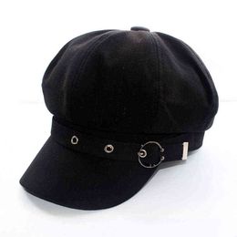 Autumn Winter Women Baseball Cap 2020 New Women Caps Vintage Octagonal Cap Beret Black White Casual Caps With Metal Buckle Hot J220722