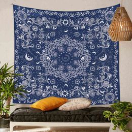 Retro Navy Floral Leaves Mandala Carpet Wall Hanging Indian Blanket Macrame Boho Wall Decor Moon Tapestry Beach Yoga Mattress J220804