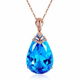 Silver Necklaces 18k Rose Gold Sky Blue Topaz Sapphire Pendant Necklace For Women Sapphire Birthstone Water Drop Shape Choker Jewelry