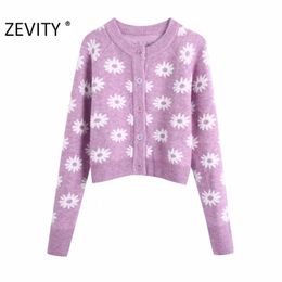 Zevity New Women Sweet Flower Print Breasted Cardigan Knitting Sweater Femme Chic Basic O Neck Long Sleeve Casual Slim Tops S470 210204