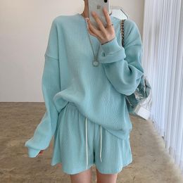 Women's Tracksuits Korea Chic Age-reducing Candy Colour Round Neck Loose Long-sleeved Sweater High-waist Wide-leg Casual Shorts Sports SuitWo