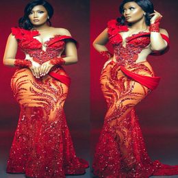 2022 Plus Size Arabic Aso Ebi Red Mermaid Sparkly prom Dresses Beaded Crystals Evening Formal Party Second Reception Birthday Engagement Gowns Dress ZJ264