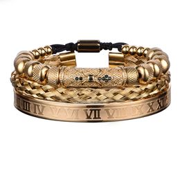 Luxury 3pcs/Set Flower Charm Gold Bangles Stainless Steel Bracelet Men Roman Number Europe Fashion Jewellery Gift For Male Female