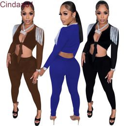 Women Pants Suit New Fashion Casual Tassel Bandage Waist Revealing Solid Colour Jogger Outfits