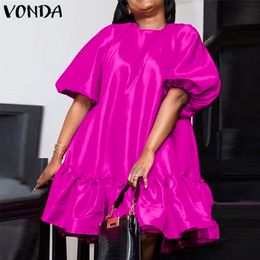 Loose Dress VONDA Women Puff Sleeve O Neck Mini Dresses Oversize Bohemian Vestidos Oversized Short Robe Femme 220521