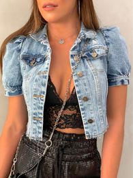 Women's Jackets Fashion Crop Denim Bomber Jacket Ins 2022 Summer Vintage Puff Short Sleeve Street Wear Blue Jeans Coat Women ClothingWomen's