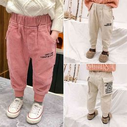 Pants For Girls Letter Corduroy Pants For Girl Embroidery Sweatpants For Children Pockets Kids Clothes 210412