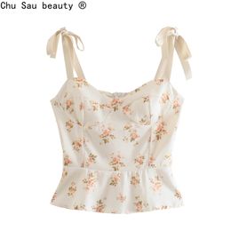 French Prairie Chic Floral Print Crop Top Ruffle Sweet Bow Lace-Up Wide Strap Vest Tight-Fitting Women Camisole 220331