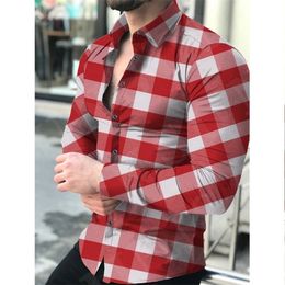 Mens Plaid Print Shirt Fashion Checkered Cross Matching s Causal Button Long Sleeve Slim Fit Tops Blouse 220322
